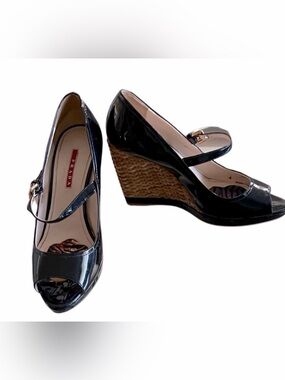 Prada Black Peep Toe Wedge Espadrille Summer Shoes